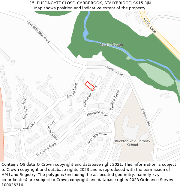 15, PUFFINGATE CLOSE, CARRBROOK, STALYBRIDGE, SK15 3JN: Location map and indicative extent of plot