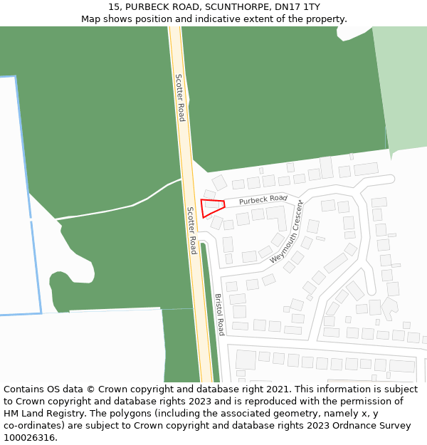 15, PURBECK ROAD, SCUNTHORPE, DN17 1TY: Location map and indicative extent of plot