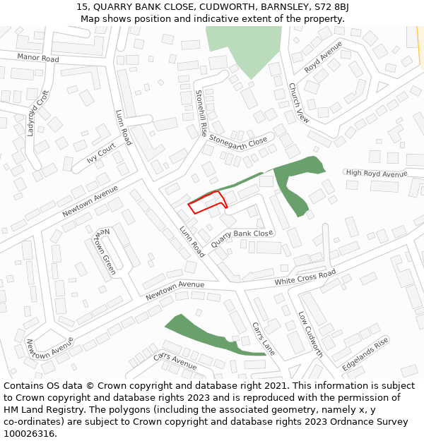 15, QUARRY BANK CLOSE, CUDWORTH, BARNSLEY, S72 8BJ: Location map and indicative extent of plot