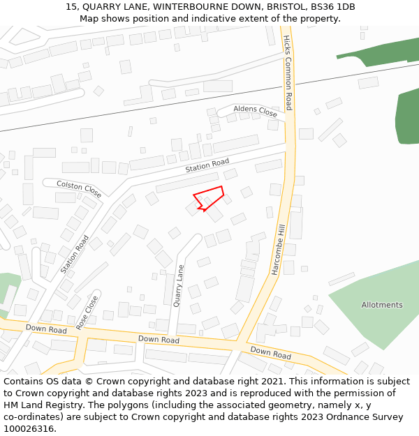 15, QUARRY LANE, WINTERBOURNE DOWN, BRISTOL, BS36 1DB: Location map and indicative extent of plot