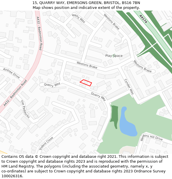 15, QUARRY WAY, EMERSONS GREEN, BRISTOL, BS16 7BN: Location map and indicative extent of plot