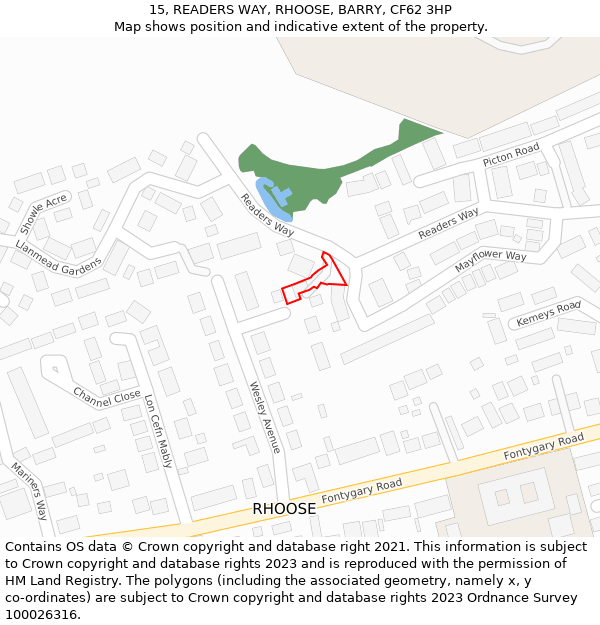 15, READERS WAY, RHOOSE, BARRY, CF62 3HP: Location map and indicative extent of plot