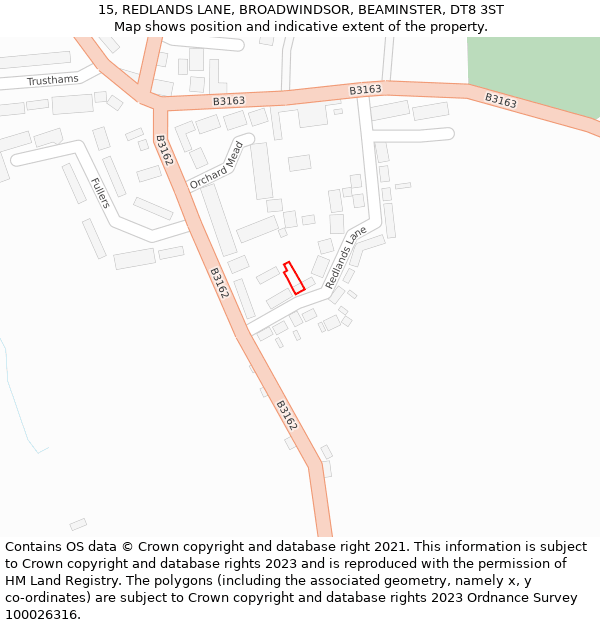 15, REDLANDS LANE, BROADWINDSOR, BEAMINSTER, DT8 3ST: Location map and indicative extent of plot