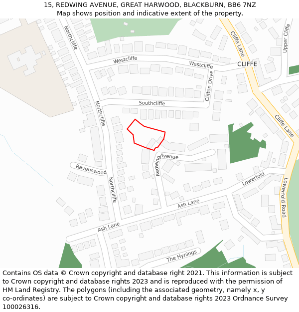 15, REDWING AVENUE, GREAT HARWOOD, BLACKBURN, BB6 7NZ: Location map and indicative extent of plot