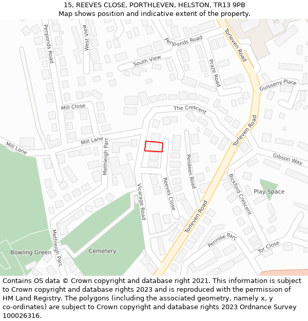 15, REEVES CLOSE, PORTHLEVEN, HELSTON, TR13 9PB: Location map and indicative extent of plot