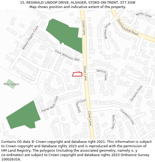 15, REGINALD LINDOP DRIVE, ALSAGER, STOKE-ON-TRENT, ST7 2GW: Location map and indicative extent of plot