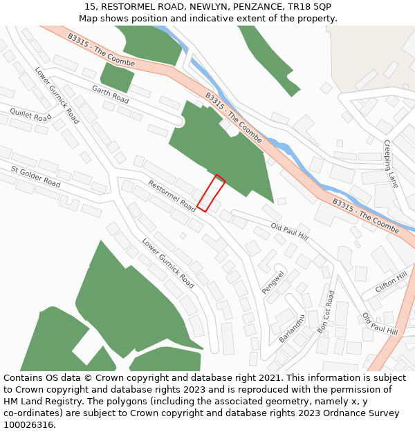 15, RESTORMEL ROAD, NEWLYN, PENZANCE, TR18 5QP: Location map and indicative extent of plot