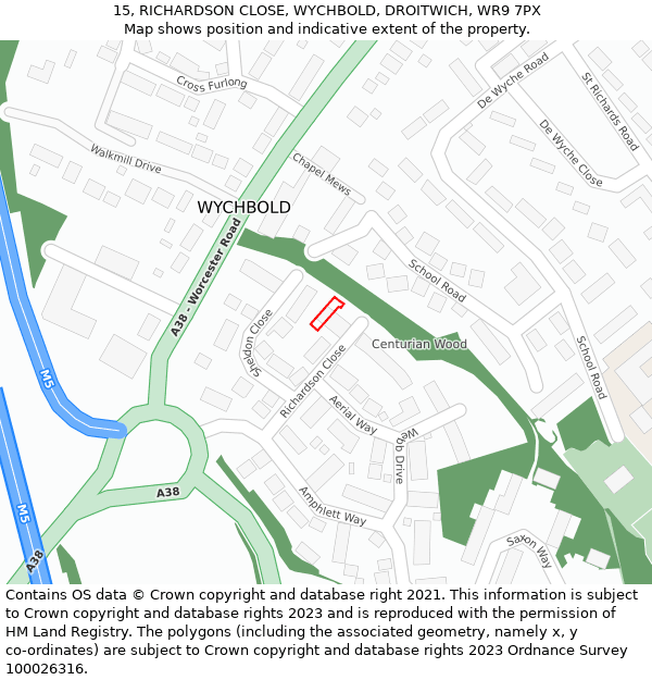 15, RICHARDSON CLOSE, WYCHBOLD, DROITWICH, WR9 7PX: Location map and indicative extent of plot