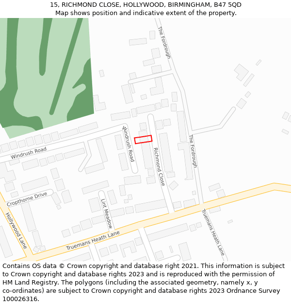 15, RICHMOND CLOSE, HOLLYWOOD, BIRMINGHAM, B47 5QD: Location map and indicative extent of plot