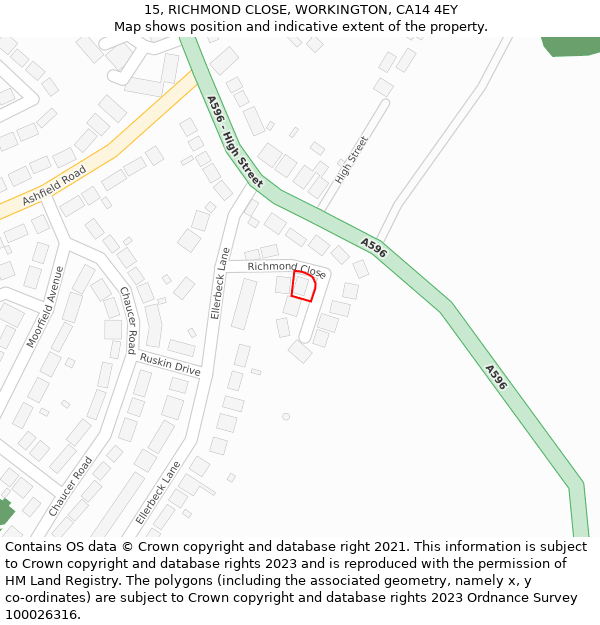 15, RICHMOND CLOSE, WORKINGTON, CA14 4EY: Location map and indicative extent of plot