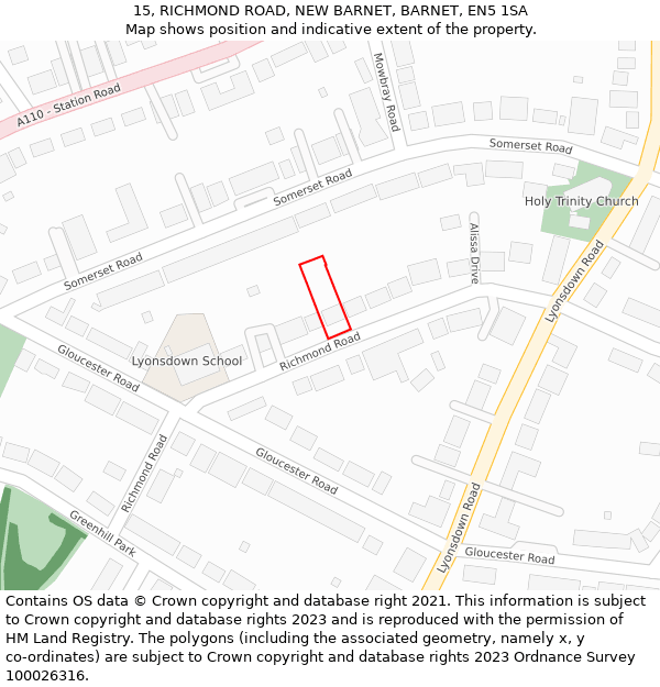 15, RICHMOND ROAD, NEW BARNET, BARNET, EN5 1SA: Location map and indicative extent of plot