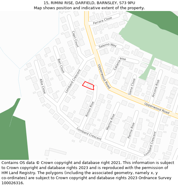 15, RIMINI RISE, DARFIELD, BARNSLEY, S73 9PU: Location map and indicative extent of plot