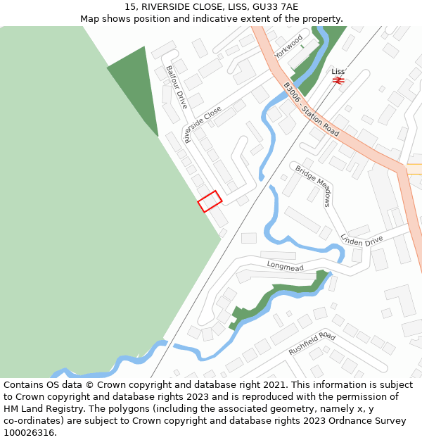 15, RIVERSIDE CLOSE, LISS, GU33 7AE: Location map and indicative extent of plot