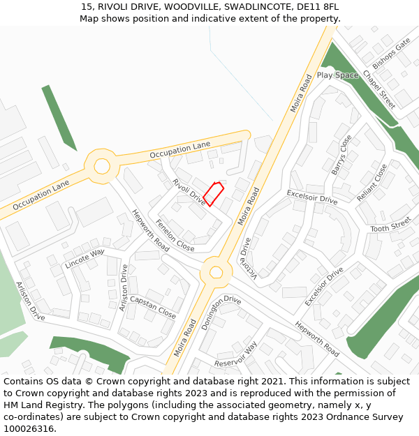 15, RIVOLI DRIVE, WOODVILLE, SWADLINCOTE, DE11 8FL: Location map and indicative extent of plot