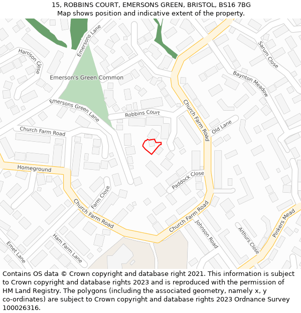 15, ROBBINS COURT, EMERSONS GREEN, BRISTOL, BS16 7BG: Location map and indicative extent of plot