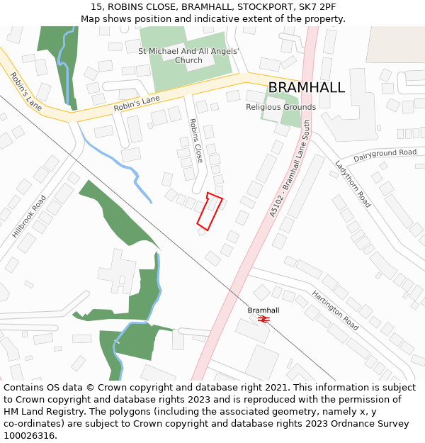 15, ROBINS CLOSE, BRAMHALL, STOCKPORT, SK7 2PF: Location map and indicative extent of plot