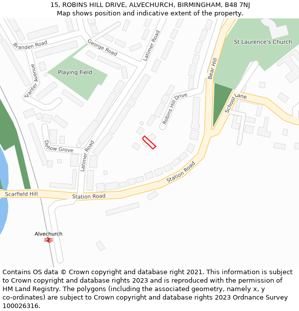 15, ROBINS HILL DRIVE, ALVECHURCH, BIRMINGHAM, B48 7NJ: Location map and indicative extent of plot