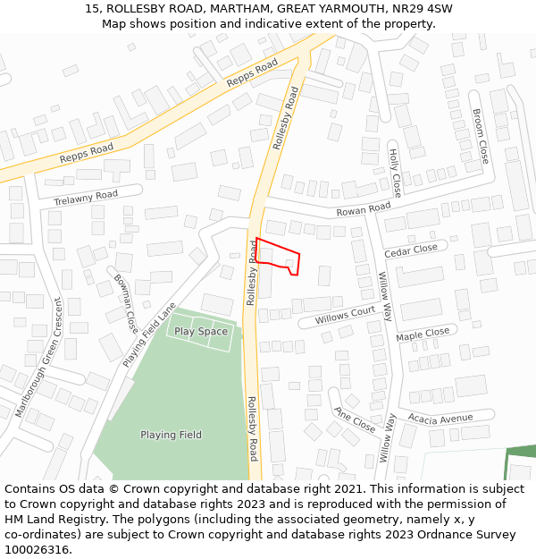 15, ROLLESBY ROAD, MARTHAM, GREAT YARMOUTH, NR29 4SW: Location map and indicative extent of plot