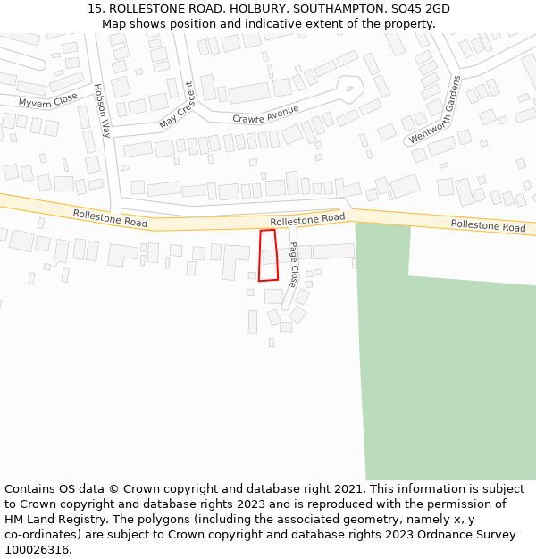 15, ROLLESTONE ROAD, HOLBURY, SOUTHAMPTON, SO45 2GD: Location map and indicative extent of plot