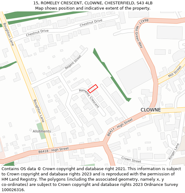 15, ROMELEY CRESCENT, CLOWNE, CHESTERFIELD, S43 4LB: Location map and indicative extent of plot