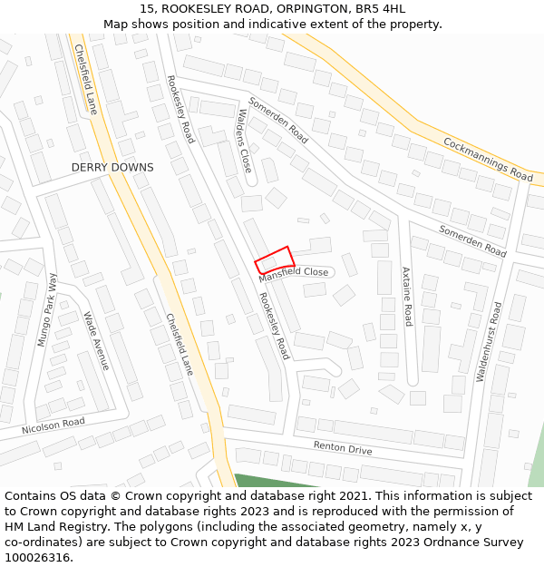 15, ROOKESLEY ROAD, ORPINGTON, BR5 4HL: Location map and indicative extent of plot