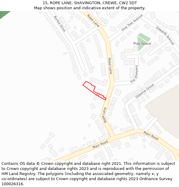 15, ROPE LANE, SHAVINGTON, CREWE, CW2 5DT: Location map and indicative extent of plot