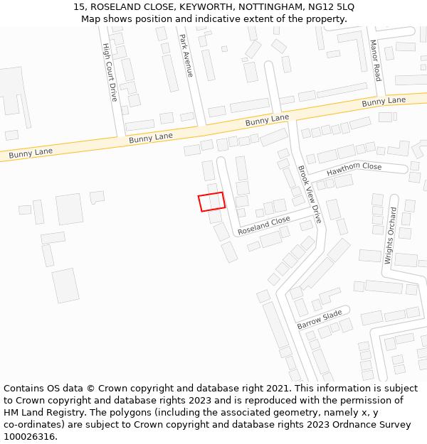 15, ROSELAND CLOSE, KEYWORTH, NOTTINGHAM, NG12 5LQ: Location map and indicative extent of plot