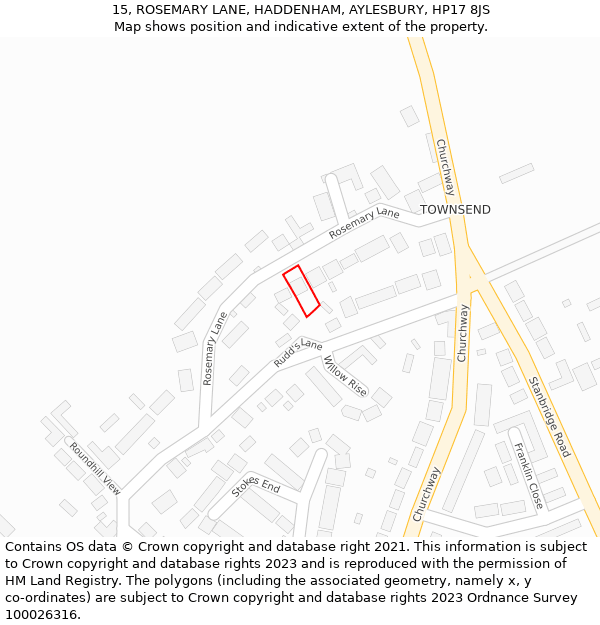 15, ROSEMARY LANE, HADDENHAM, AYLESBURY, HP17 8JS: Location map and indicative extent of plot