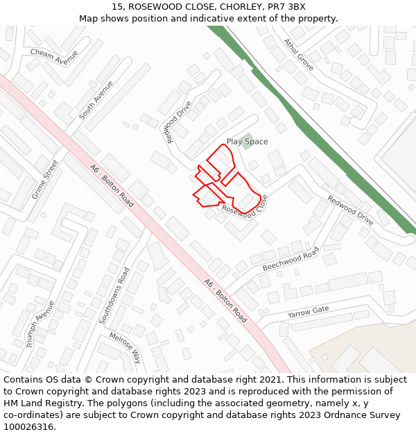 15, ROSEWOOD CLOSE, CHORLEY, PR7 3BX: Location map and indicative extent of plot