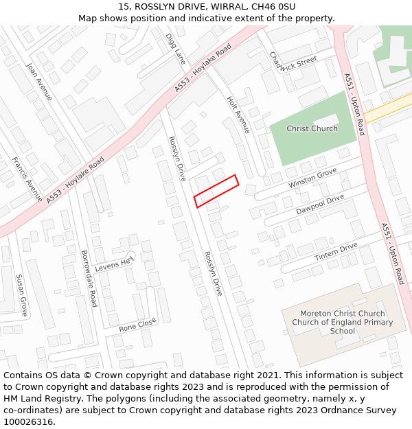 15, ROSSLYN DRIVE, WIRRAL, CH46 0SU: Location map and indicative extent of plot