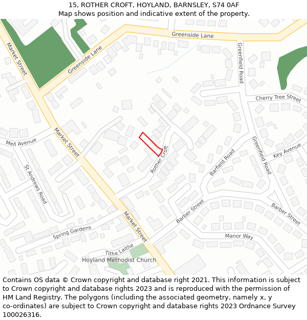 15, ROTHER CROFT, HOYLAND, BARNSLEY, S74 0AF: Location map and indicative extent of plot