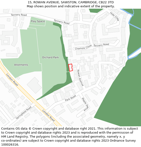 15, ROWAN AVENUE, SAWSTON, CAMBRIDGE, CB22 3TD: Location map and indicative extent of plot