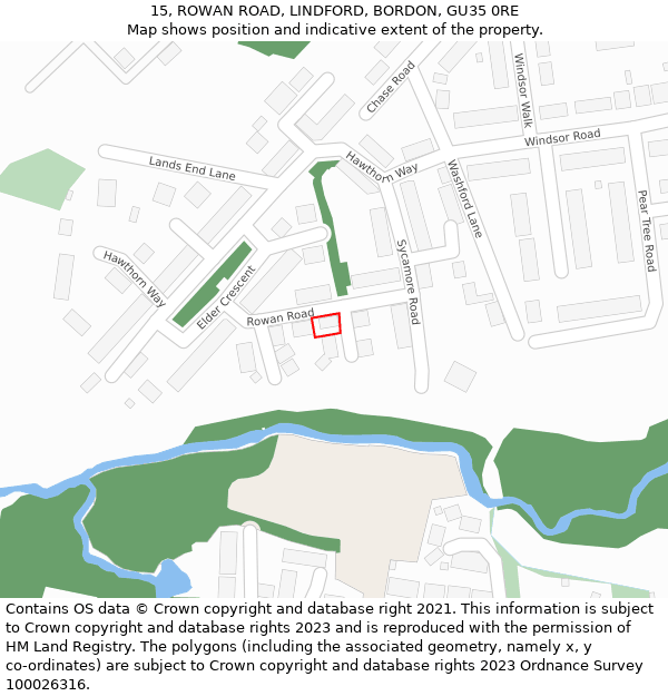15, ROWAN ROAD, LINDFORD, BORDON, GU35 0RE: Location map and indicative extent of plot