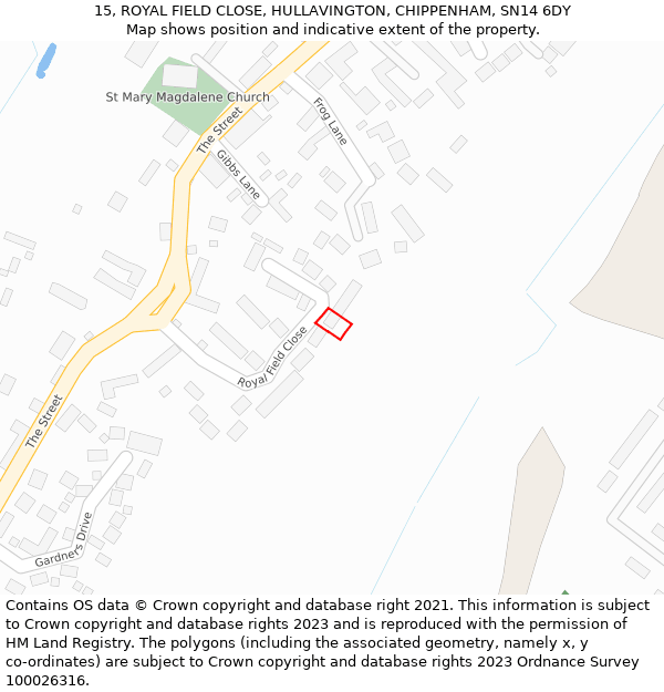 15, ROYAL FIELD CLOSE, HULLAVINGTON, CHIPPENHAM, SN14 6DY: Location map and indicative extent of plot