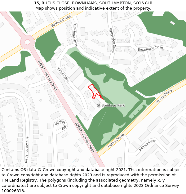 15, RUFUS CLOSE, ROWNHAMS, SOUTHAMPTON, SO16 8LR: Location map and indicative extent of plot