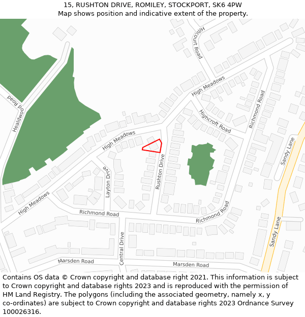 15, RUSHTON DRIVE, ROMILEY, STOCKPORT, SK6 4PW: Location map and indicative extent of plot