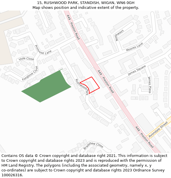 15, RUSHWOOD PARK, STANDISH, WIGAN, WN6 0GH: Location map and indicative extent of plot