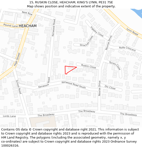 15, RUSKIN CLOSE, HEACHAM, KING'S LYNN, PE31 7SE: Location map and indicative extent of plot