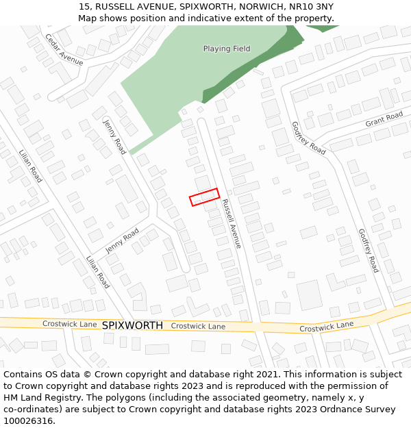 15, RUSSELL AVENUE, SPIXWORTH, NORWICH, NR10 3NY: Location map and indicative extent of plot