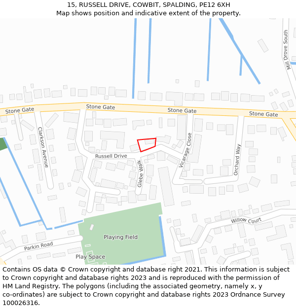 15, RUSSELL DRIVE, COWBIT, SPALDING, PE12 6XH: Location map and indicative extent of plot