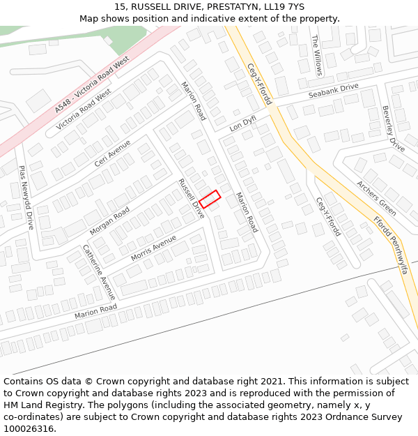 15, RUSSELL DRIVE, PRESTATYN, LL19 7YS: Location map and indicative extent of plot