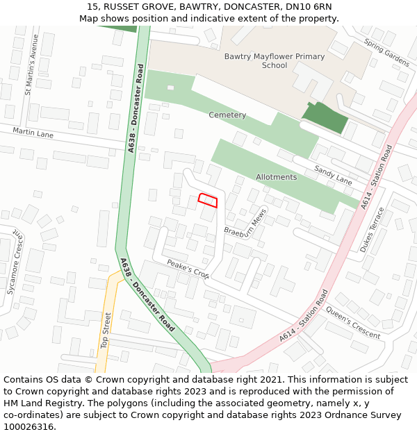 15, RUSSET GROVE, BAWTRY, DONCASTER, DN10 6RN: Location map and indicative extent of plot