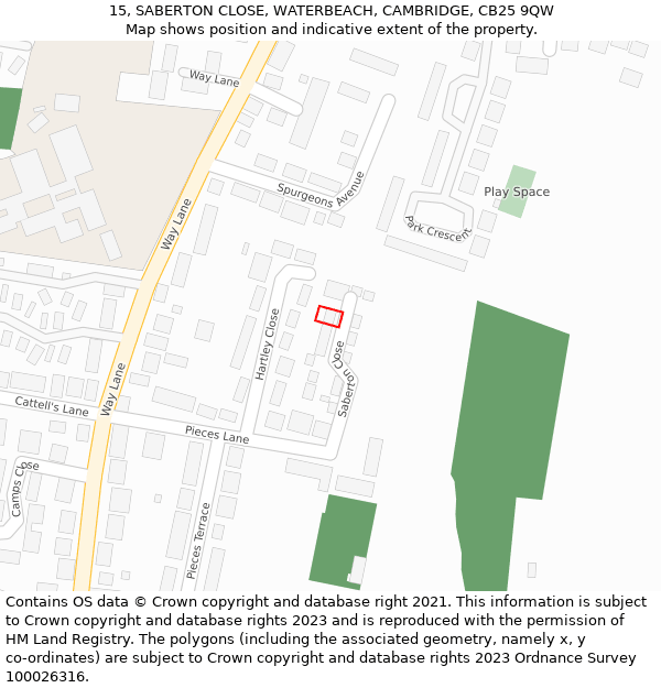 15, SABERTON CLOSE, WATERBEACH, CAMBRIDGE, CB25 9QW: Location map and indicative extent of plot