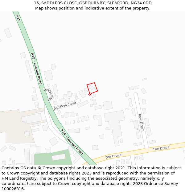 15, SADDLERS CLOSE, OSBOURNBY, SLEAFORD, NG34 0DD: Location map and indicative extent of plot