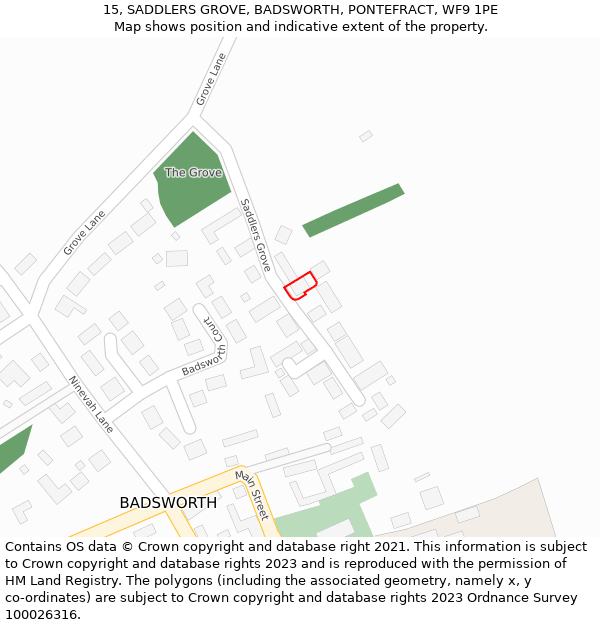 15, SADDLERS GROVE, BADSWORTH, PONTEFRACT, WF9 1PE: Location map and indicative extent of plot