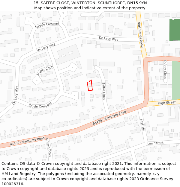 15, SAFFRE CLOSE, WINTERTON, SCUNTHORPE, DN15 9YN: Location map and indicative extent of plot