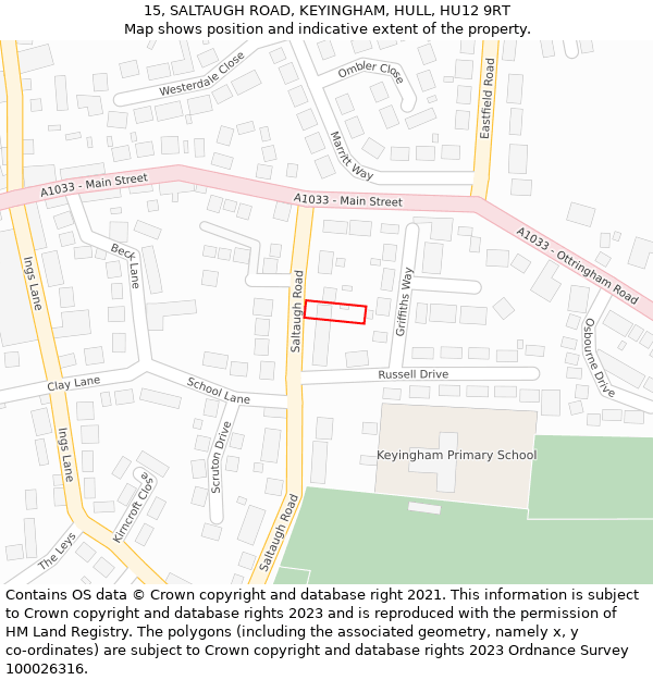 15, SALTAUGH ROAD, KEYINGHAM, HULL, HU12 9RT: Location map and indicative extent of plot