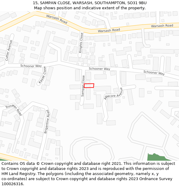 15, SAMPAN CLOSE, WARSASH, SOUTHAMPTON, SO31 9BU: Location map and indicative extent of plot