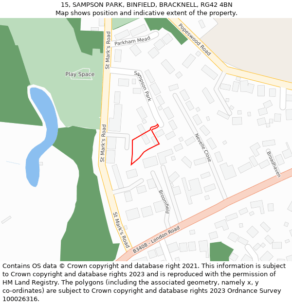 15, SAMPSON PARK, BINFIELD, BRACKNELL, RG42 4BN: Location map and indicative extent of plot