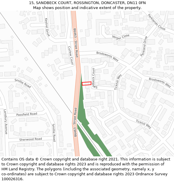 15, SANDBECK COURT, ROSSINGTON, DONCASTER, DN11 0FN: Location map and indicative extent of plot